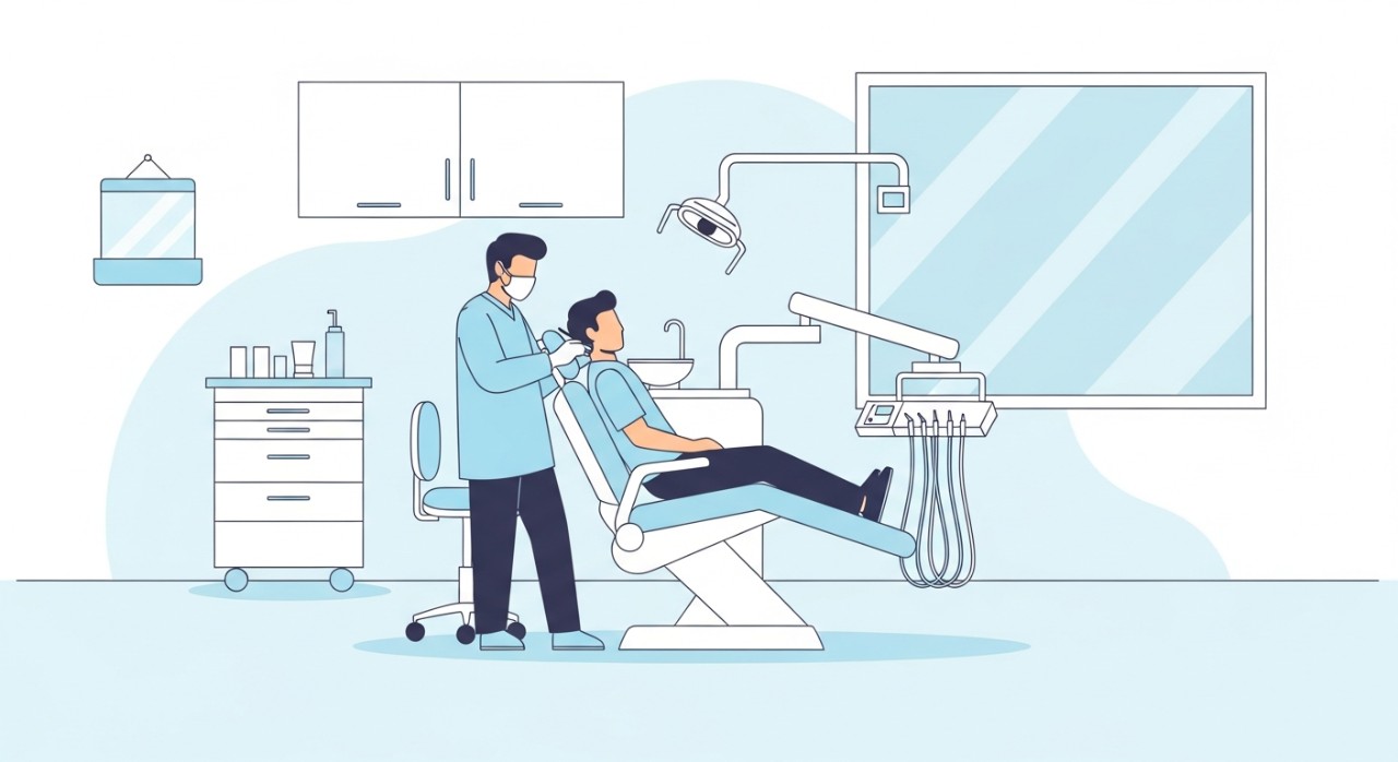 Masa Operasi Klinik Pergigian Tiew Cheras 2026 Terkini 1 Seorang doktor gigi sedang memeriksa gigi pesakit di bilik rawatan yang bersih.