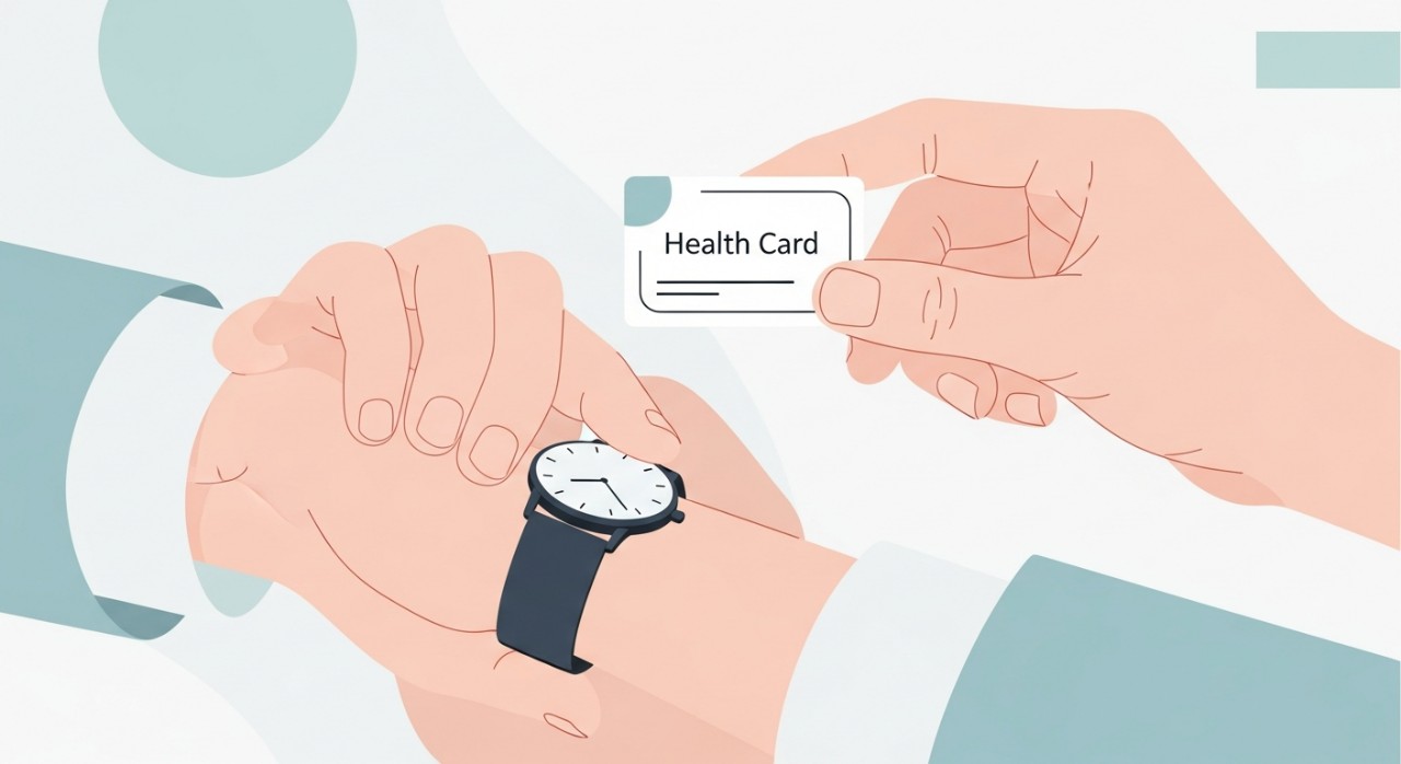 Seseorang sedang melihat jam tangan sambil memegang kad kesihatan atau slip temu janji.