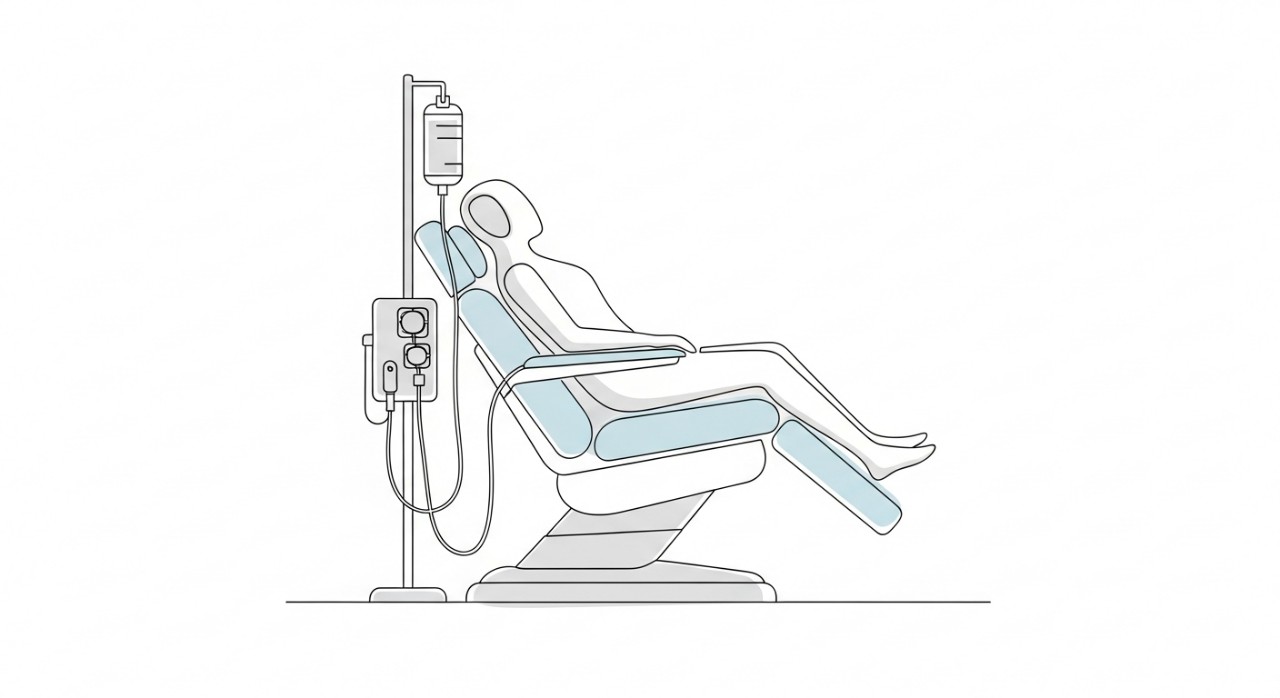Masa Operasi Pusat Dialisis NKF Kota Kinabalu 2026 2 Seni garisan minimalis seorang pesakit duduk di kerusi rawatan dengan mesin dialisis di sisi.