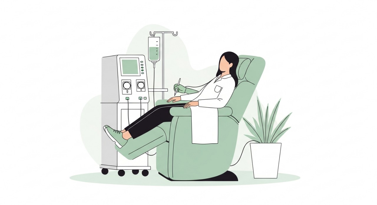 Masa Operasi Pusat Dialisis NKF Kota Bharu 2026 2 Seorang pesakit sedang berehat dengan selesa di kerusi sambil menerima rawatan dialisis.