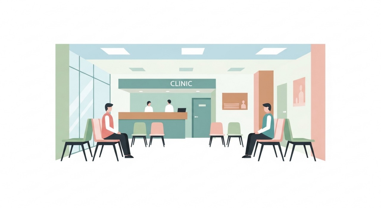 Beberapa individu sedang duduk menunggu giliran rawatan di ruang lobi klinik yang lapang dan teratur.