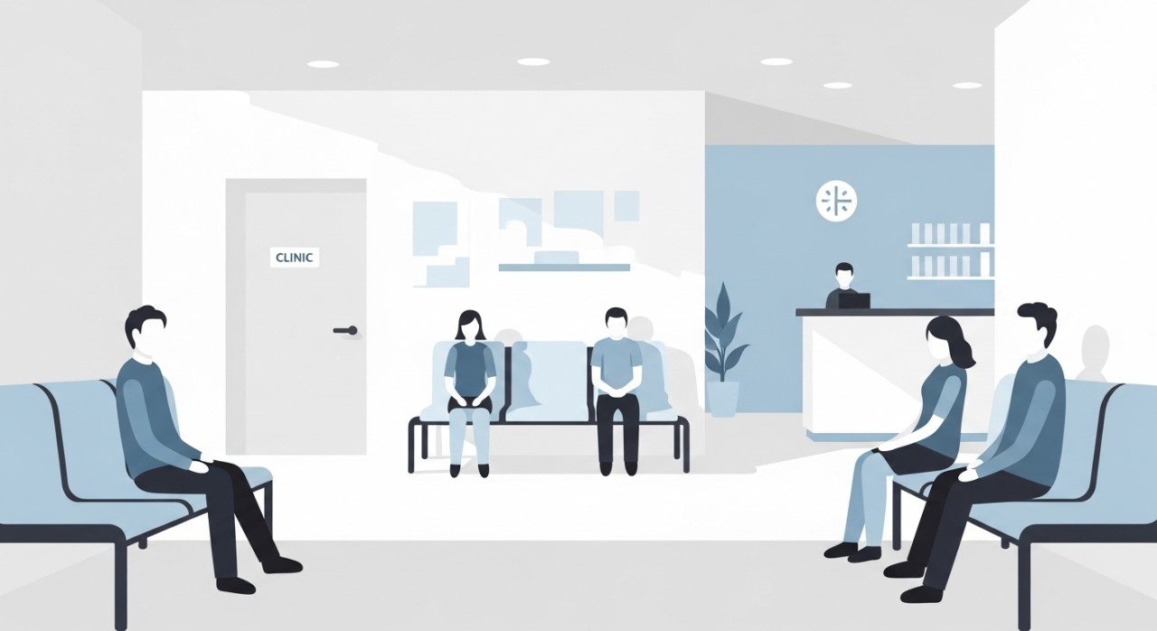Dua figura abstrak duduk dengan sabar di kawasan menunggu klinik yang bersih dan minimalis.