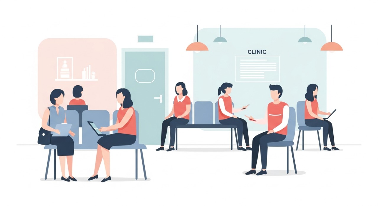 Beberapa orang sedang duduk di bangku panjang di ruang menunggu lobi klinik.