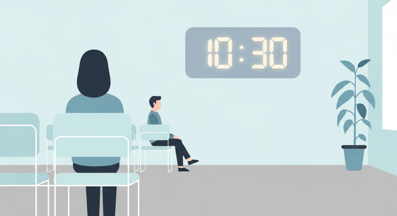 Beberapa orang pesakit sedang duduk di kerusi ruang menunggu sebuah klinik yang bersih dan terang.