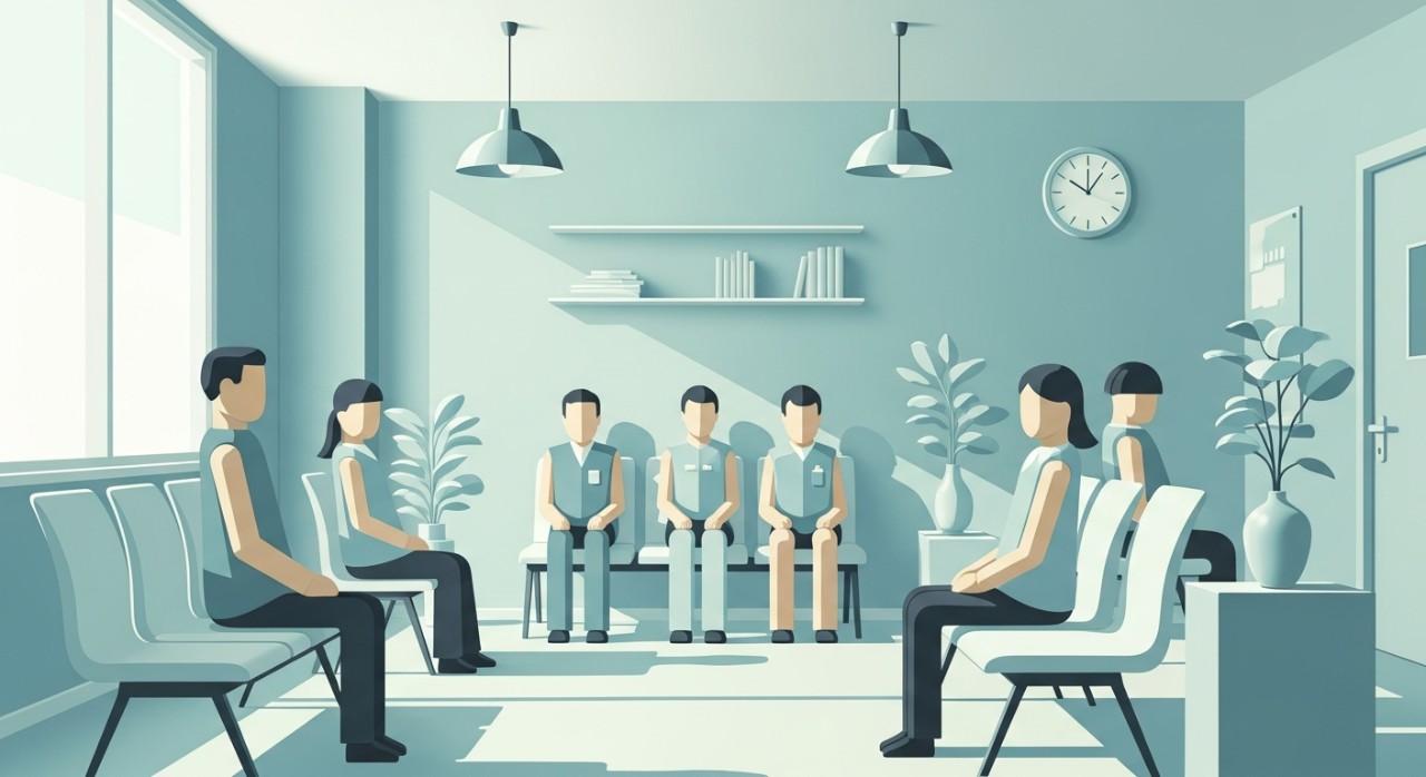 Beberapa orang pesakit sedang duduk menunggu giliran di ruang menunggu klinik.