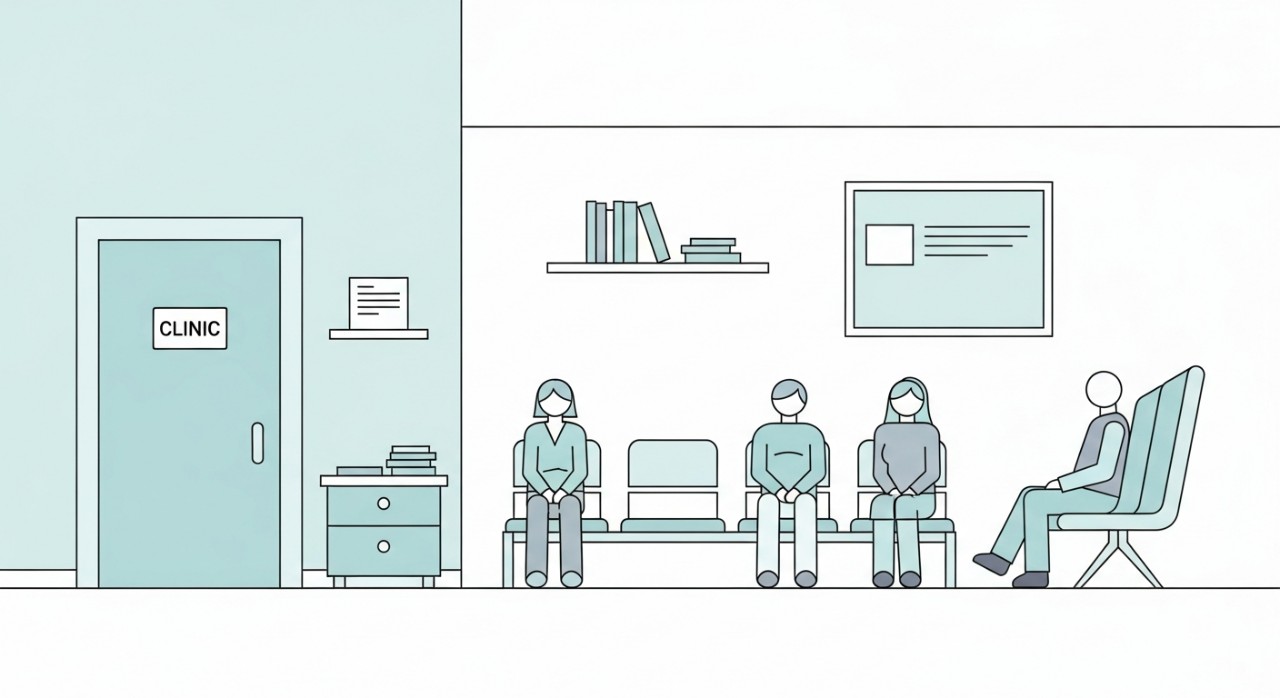 Dua orang pesakit sedang duduk di kerusi ruang menunggu klinik yang tenang dan minimalis.