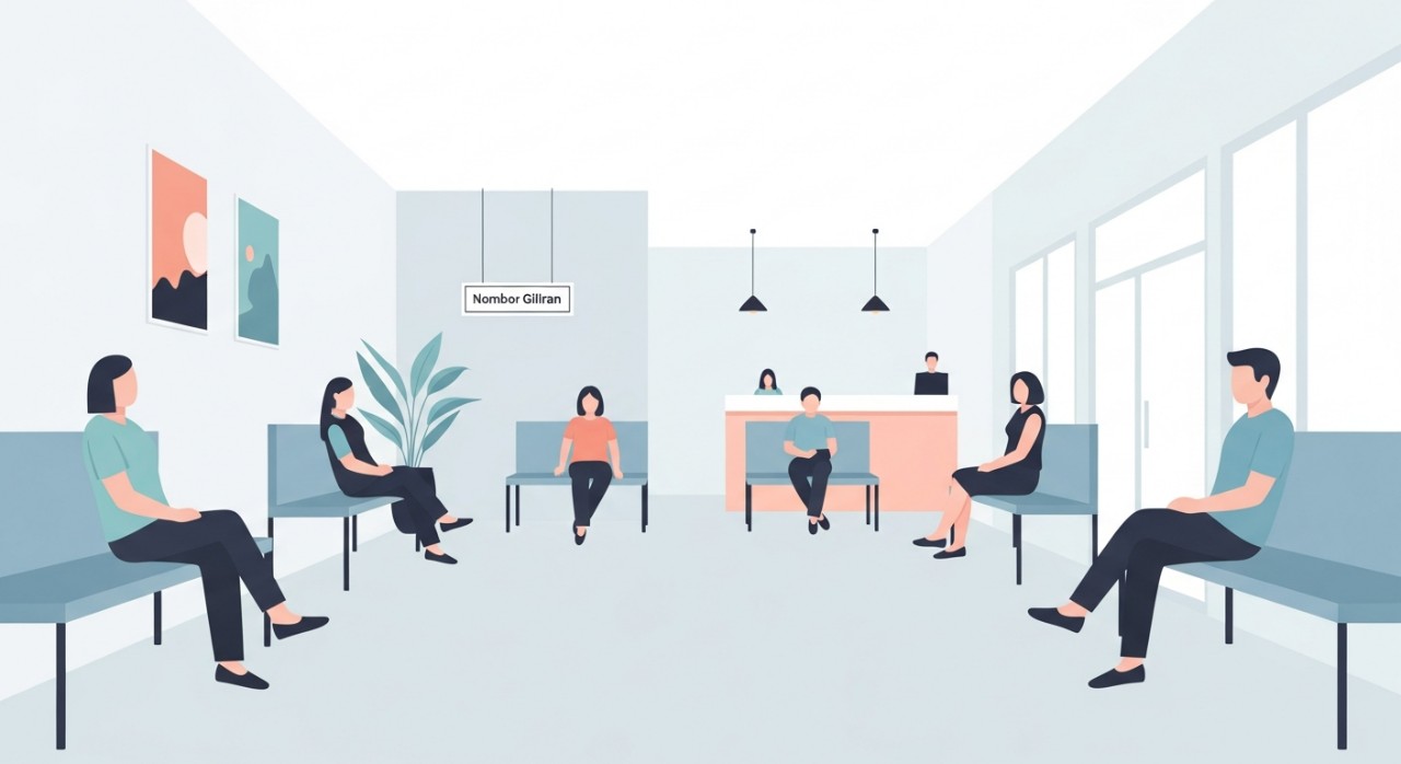 Beberapa pesakit sedang duduk di kerusi ruang menunggu klinik yang bersih dan terang.