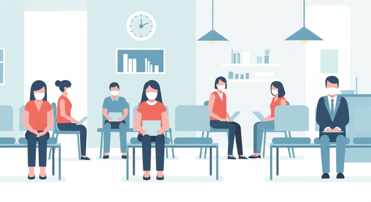 Beberapa orang pesakit sedang duduk dengan tenang di ruang menunggu klinik yang bersih dan minimalis.