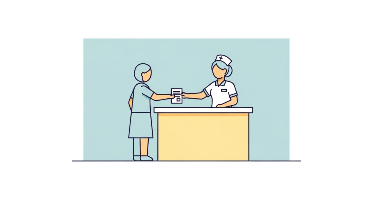 Seorang pesakit sedang berinteraksi dengan petugas di kaunter pendaftaran klinik kesihatan.