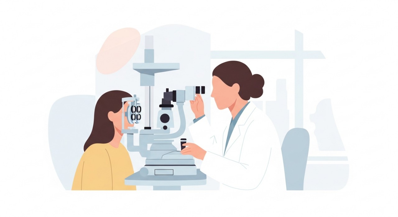 Seorang pakar mata sedang memeriksa mata pesakit menggunakan peralatan canggih di bilik pemeriksaan.