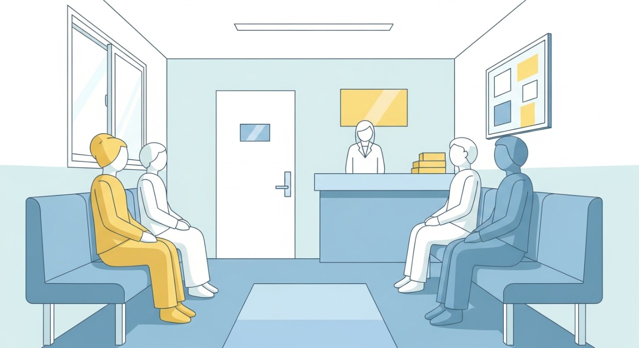 Beberapa orang pesakit duduk menunggu di ruang lobi klinik.