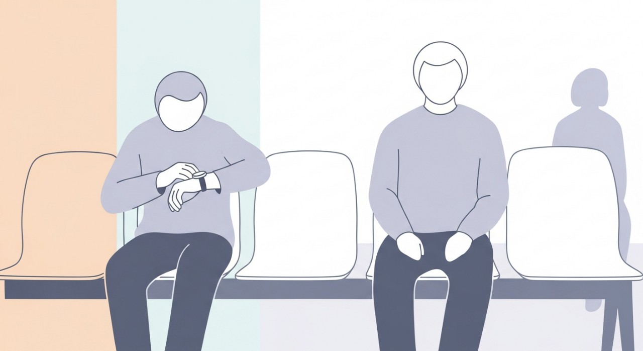 Dua orang pesakit duduk di kerusi ruang menunggu yang bersih dan minimalis di lobi sebuah klinik.