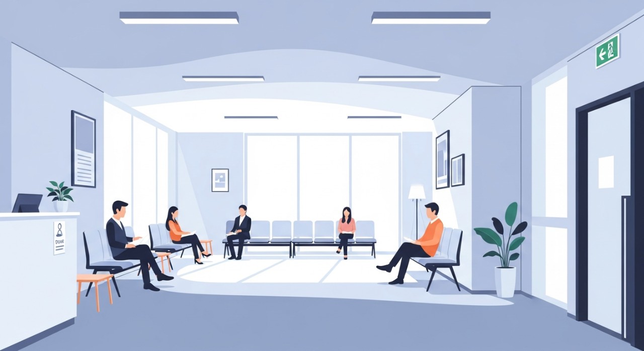 Masa Melawat International Specialist Eye Centre (ISEC) 2026 1 Beberapa orang dewasa duduk dengan tenang di kerusi ruang menunggu pusat rawatan mata yang moden dan terang.