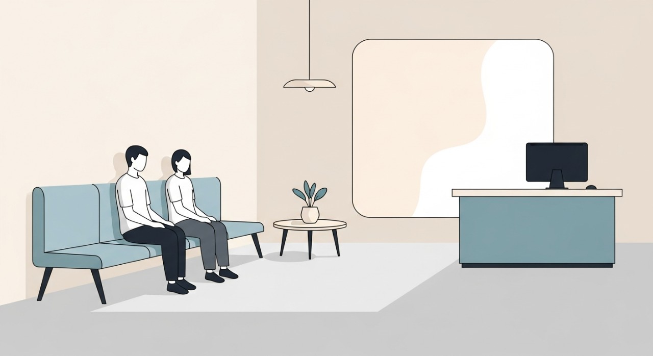 Beberapa orang sedang duduk di bangku menunggu giliran di ruang legar klinik yang bersih.