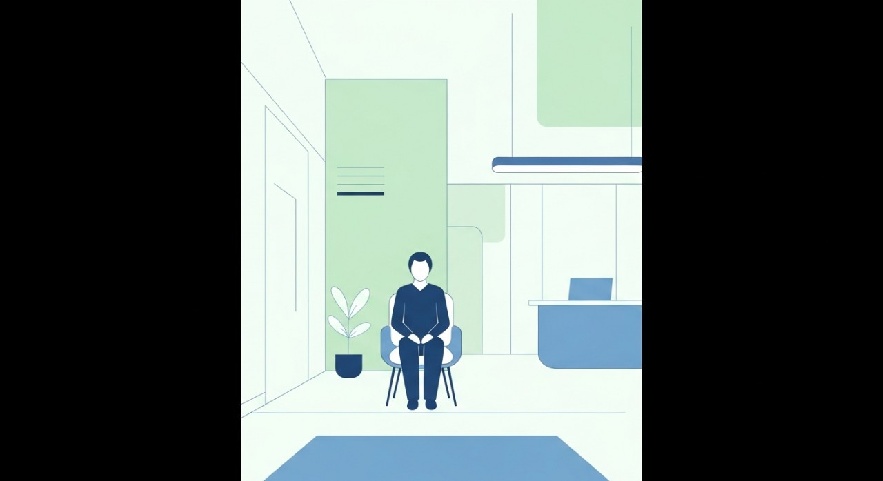 Seorang pesakit sedang duduk menunggu giliran di ruang lobi klinik.