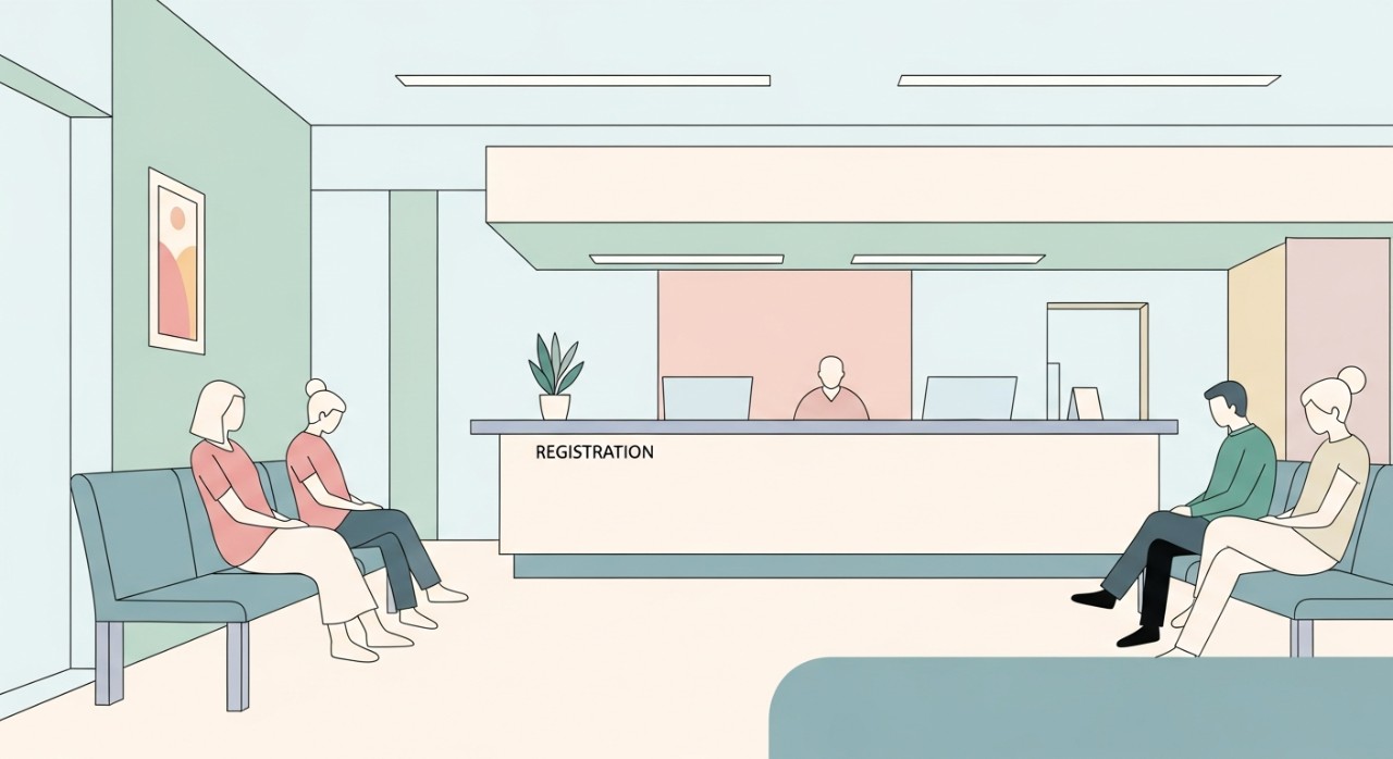 Beberapa pesakit duduk di ruang menunggu yang bersih sambil menunggu panggilan dari kaunter pendaftaran.