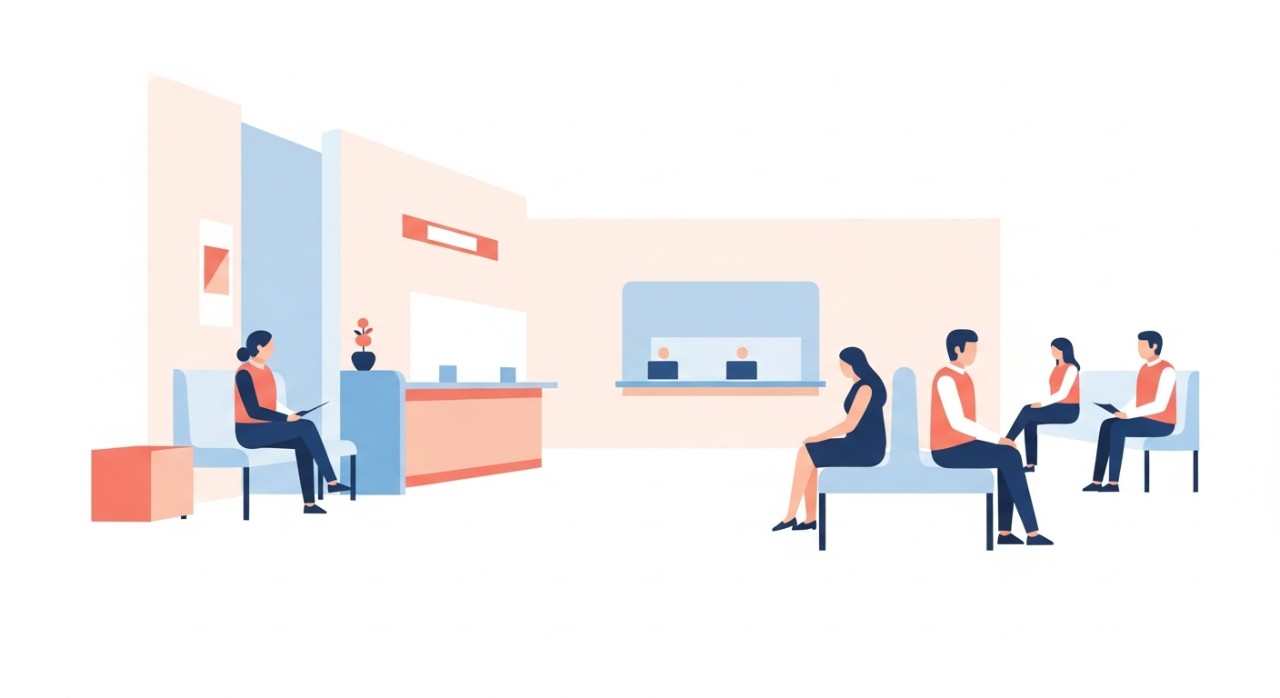 Seorang jururawat sedang memanggil nombor pesakit di kaunter pendaftaran.