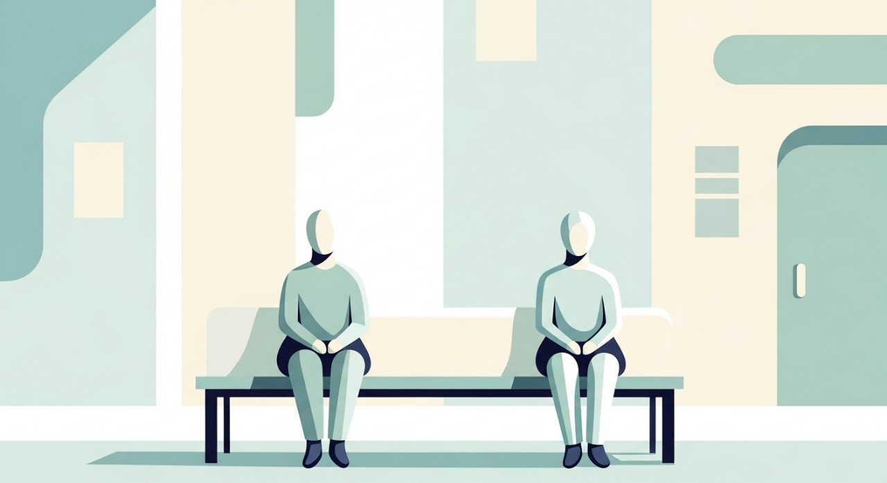 Beberapa orang sedang duduk di ruang menunggu poliklinik yang bersih