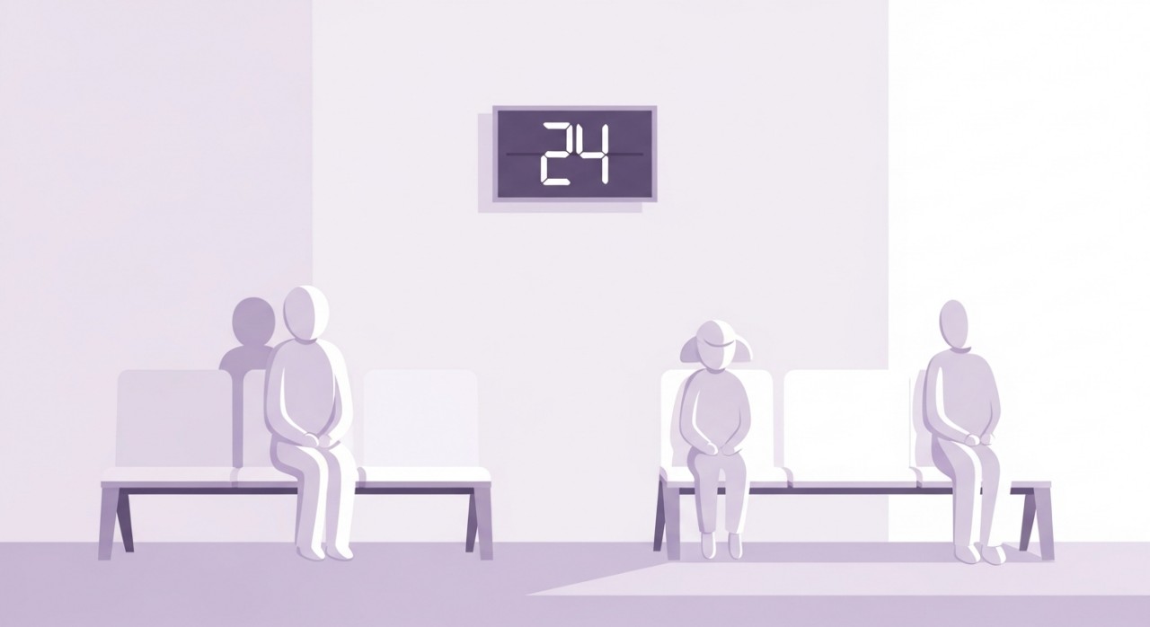 Beberapa orang pesakit duduk di kerusi sambil menunggu nombor giliran mereka dipanggil.