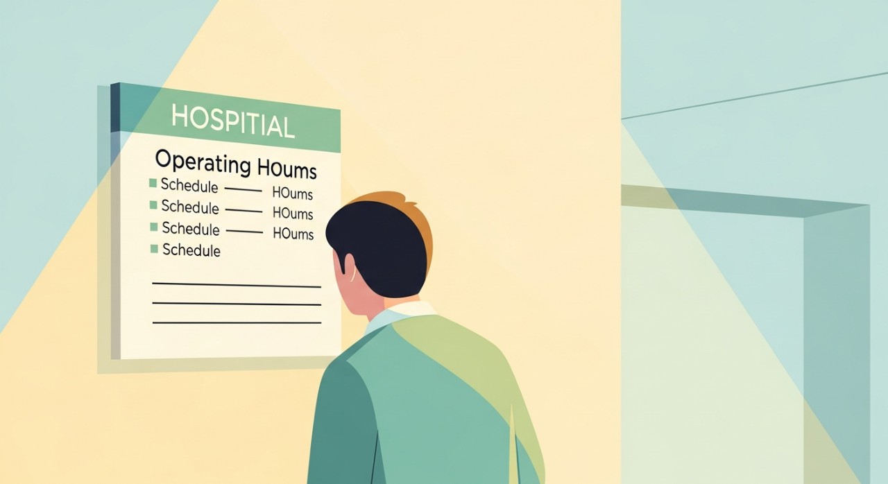 Masa Operasi Hospital Port Dickson & Waktu Melawat 2026 1 Seorang individu (pesakit) sedang berdiri di lobi hospital melihat papan tanda yang memaparkan jadual waktu operasi.