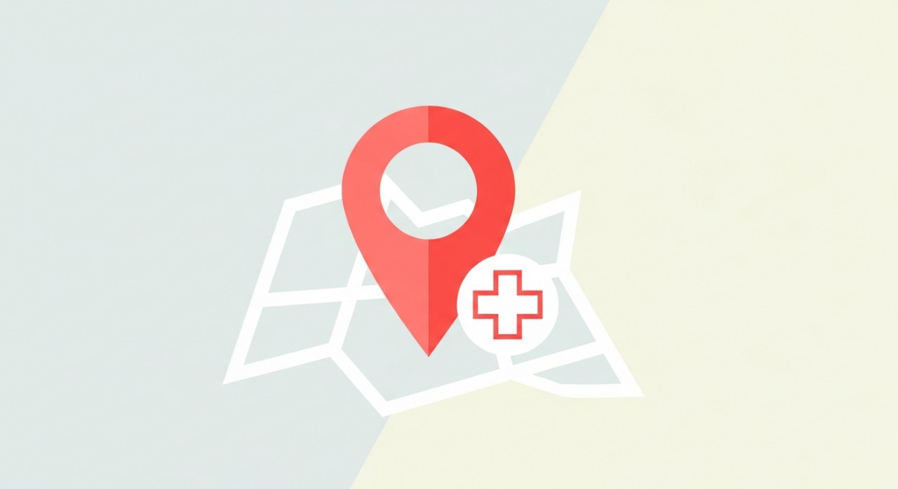 Simbol pin lokasi berwarna merah di atas peta ringkas yang menandakan lokasi klinik.