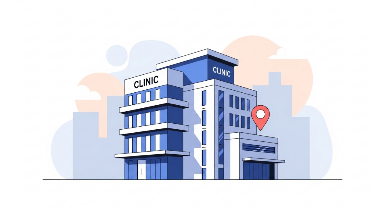 Pandangan minimalis bangunan Klinik Mediviron dari luar dengan pin lokasi.