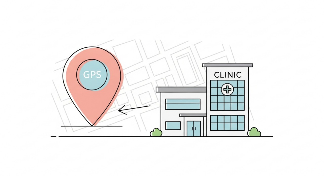 Ikon pin lokasi digital menunjuk ke bangunan moden Klinik Pakar Kulit Ko.