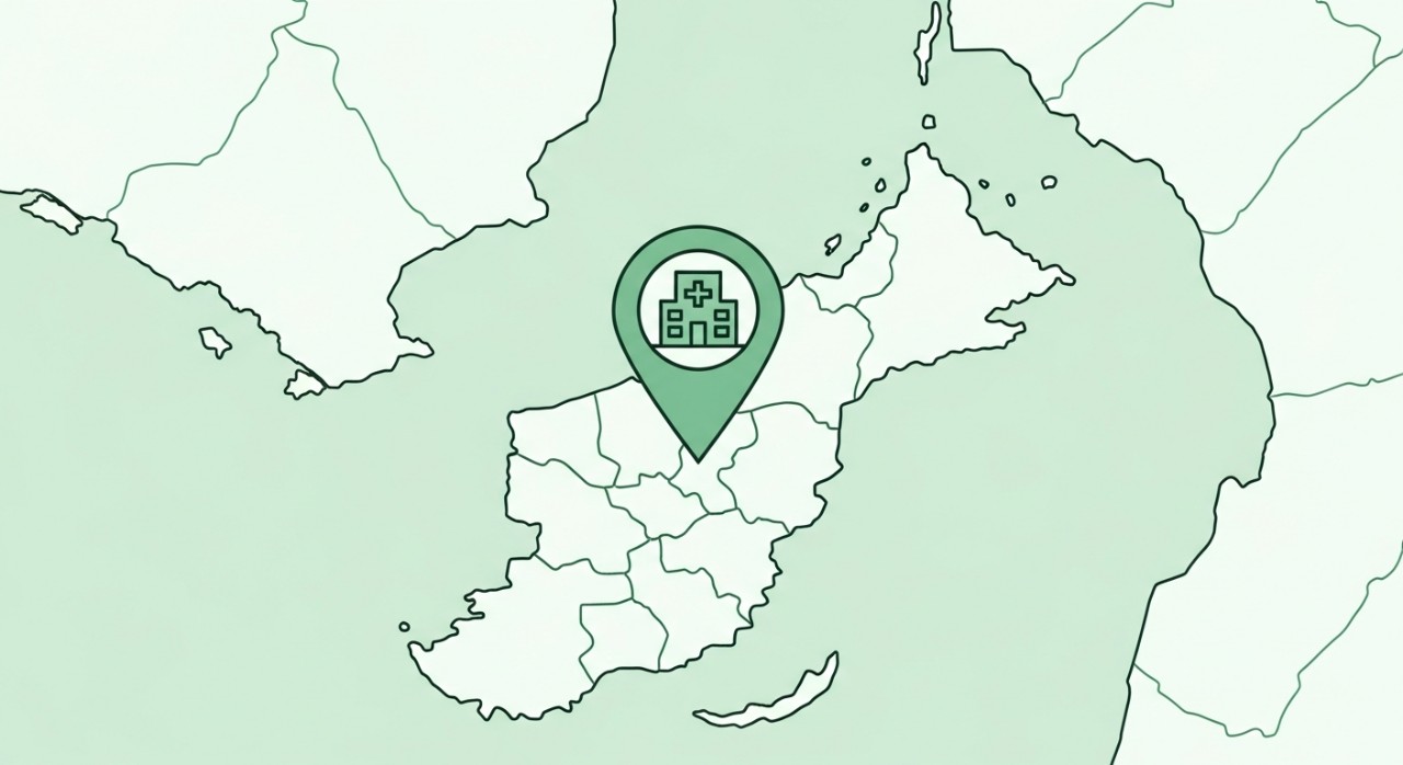 Peta ringkas yang menunjukkan laluan dan lokasi tepat Klinik Kesihatan Bau dengan pin lokasi.