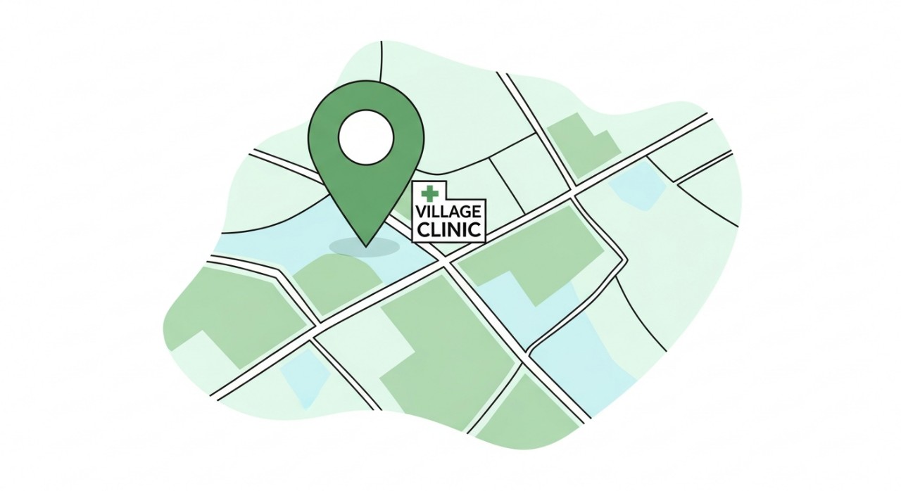 Penanda lokasi yang menunjukkan kedudukan sebenar klinik desa di atas peta