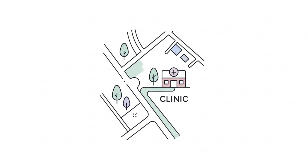 Grafik peta ringkas menunjukkan laluan menuju ikon palang yang melambangkan klinik.