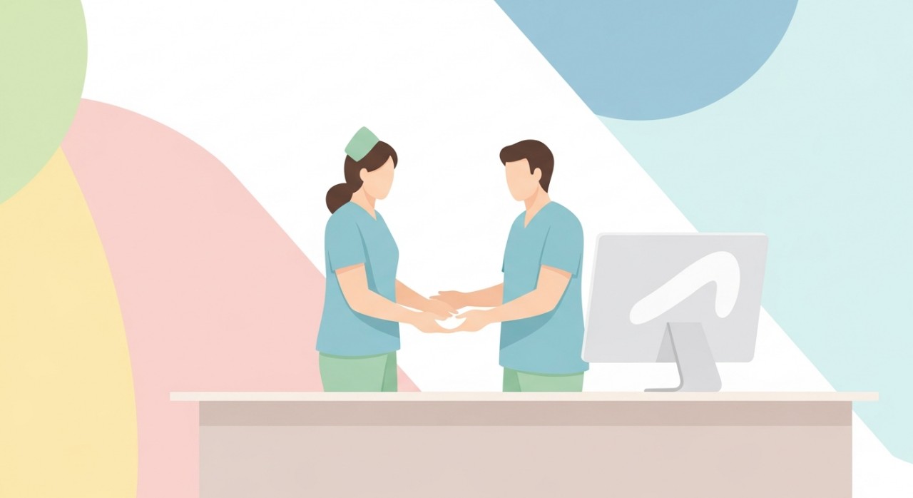 Seorang doktor sedang berbincang dengan pesakit di kaunter konsultasi klinik.