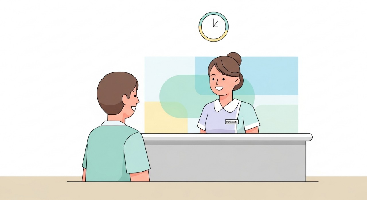 Masa Operasi Klinik Desa Melor & Jadual Perkhidmatan Terkini 2026 1 Seorang jururawat sedang menyambut mesra pesakit di kaunter pendaftaran klinik.