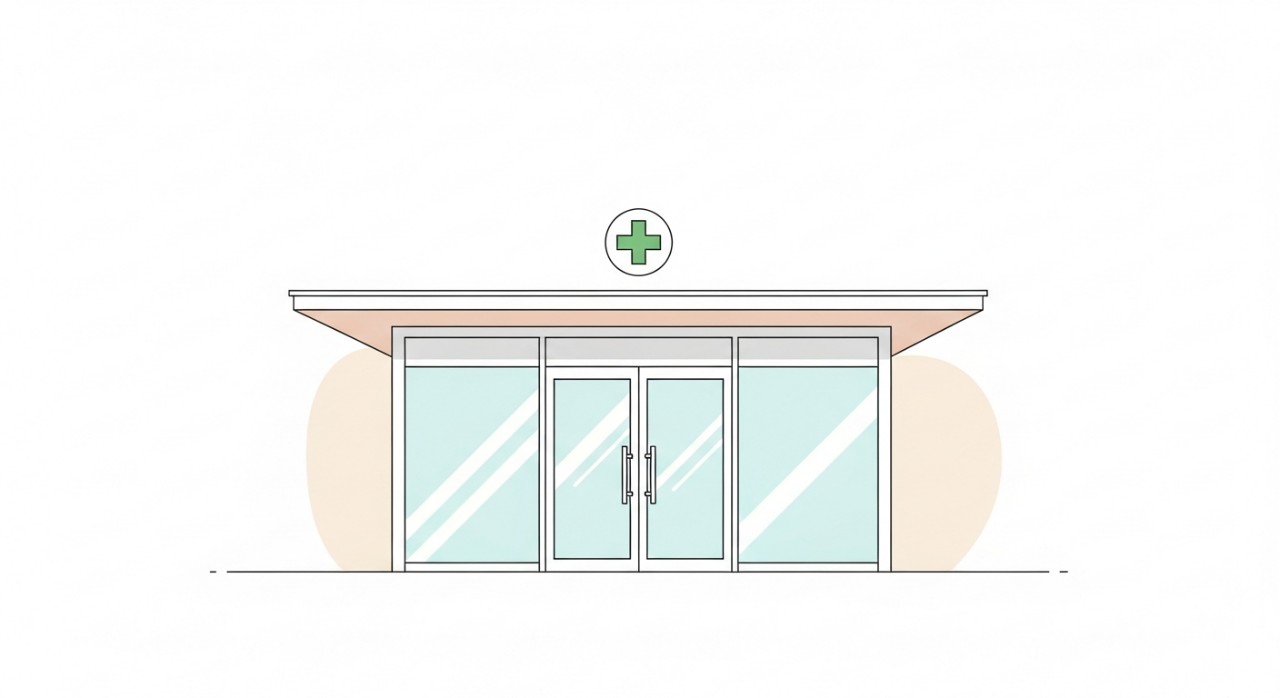 Pintu masuk utama sebuah bangunan klinik kesihatan yang moden dan bersih.