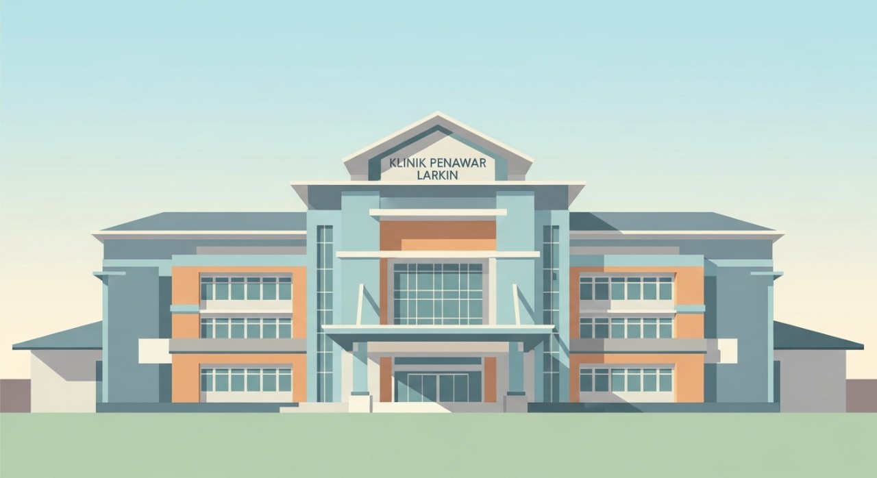 Gaya minimalis pintu masuk utama Klinik Penawar Larkin dari pandangan hadapan.