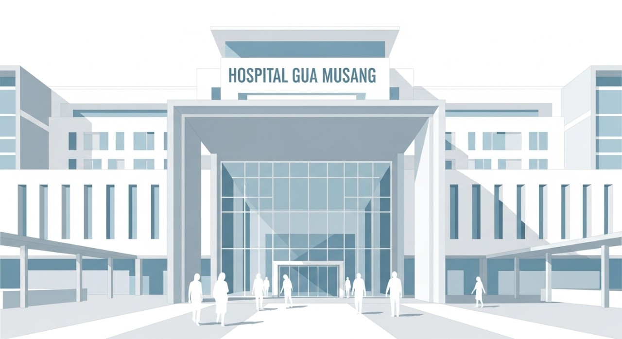 Pemandangan pintu masuk utama Hospital Gua Musang dengan beberapa orang awam berjalan melaluinya.