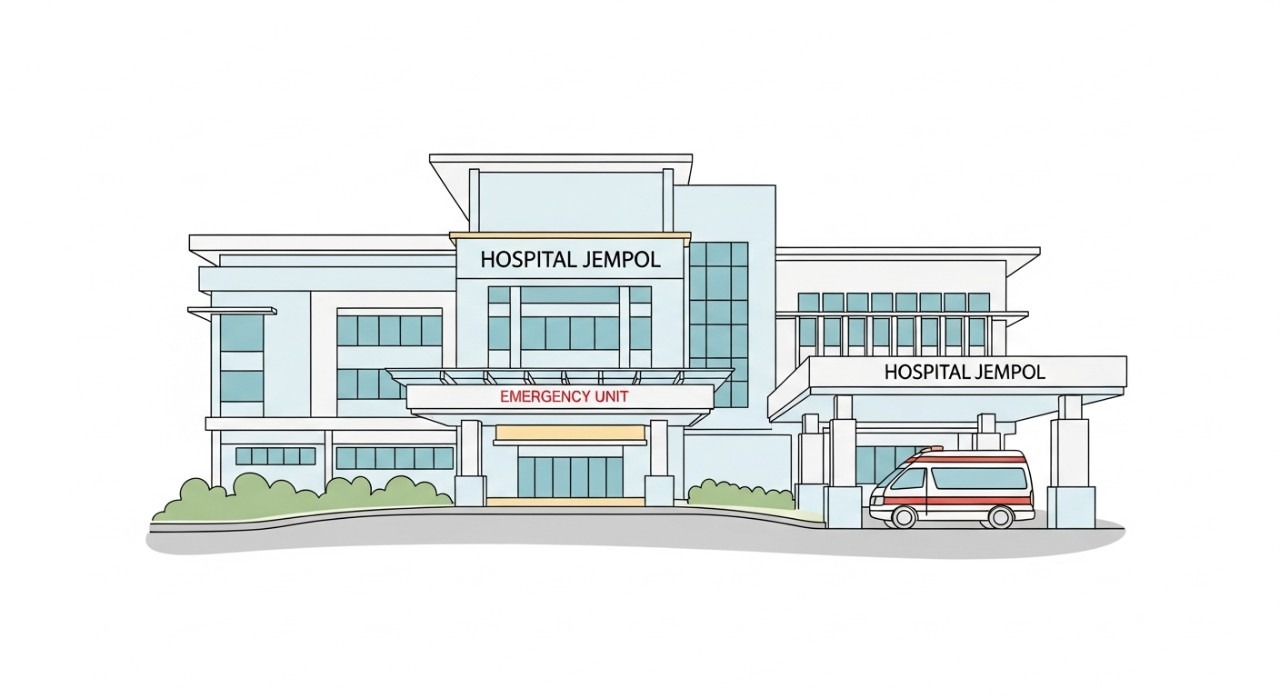 Masa Operasi Hospital Jempol 2026: Jadual Terperinci 1 Pandangan hadapan pintu masuk Hospital Jempol termasuk unit kecemasan pada waktu siang.