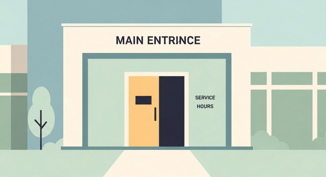 Pandangan hadapan pintu masuk utama sebuah Klinik Desa yang bersih dan moden pada waktu pagi.