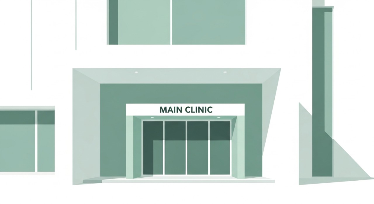 Pintu masuk hadapan sebuah klinik moden dengan papan tanda yang jelas