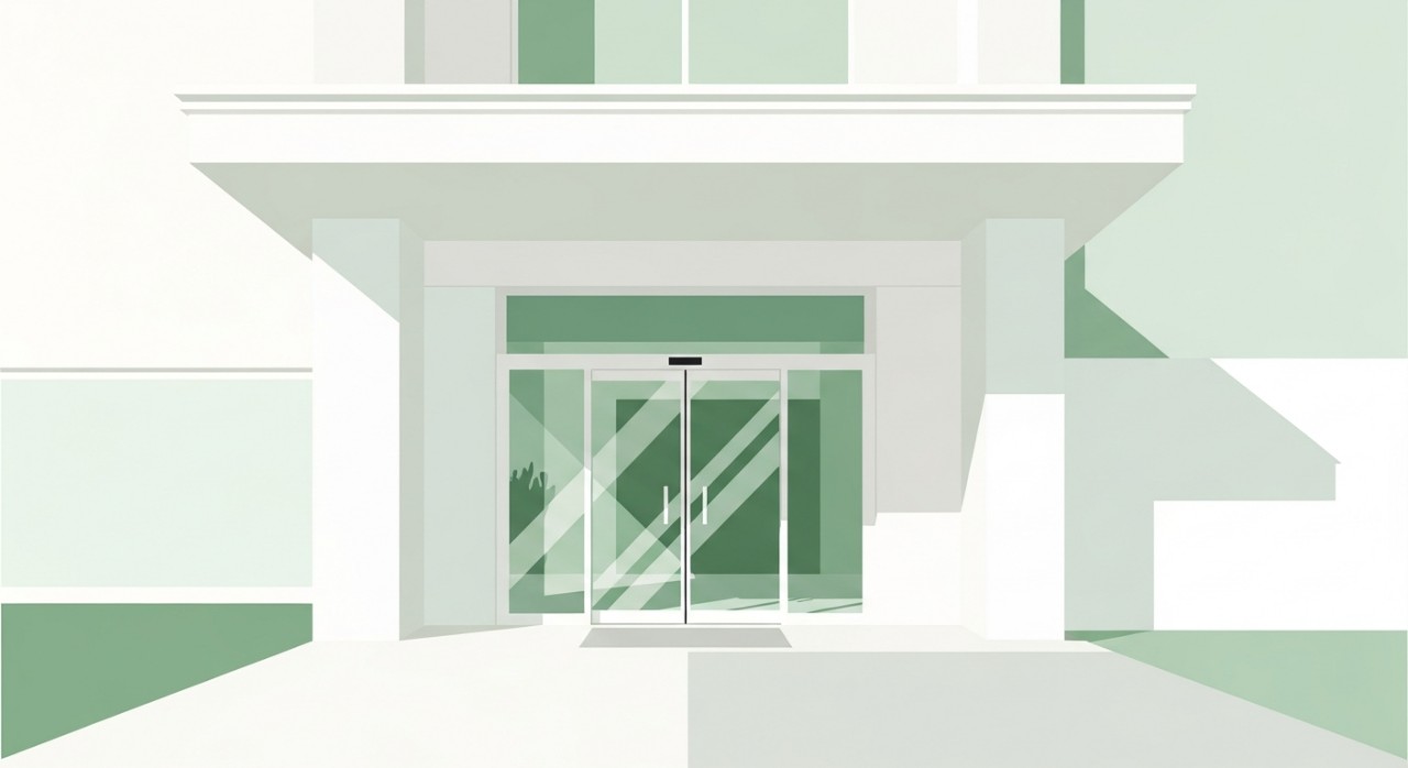 Pintu masuk utama sebuah klinik kesihatan yang bersih dan moden.