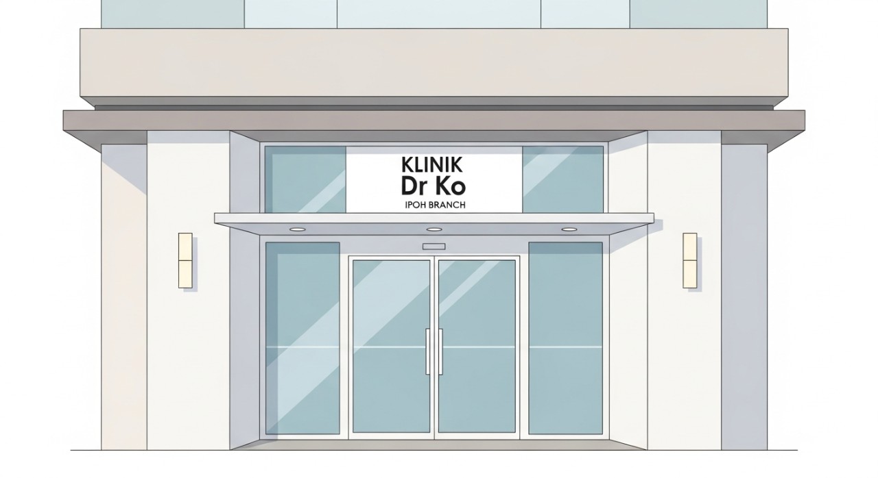 Pandangan hadapan pintu masuk utama Klinik Dr Ko cawangan Ipoh dengan reka bentuk bangunan yang moden dan bersih.