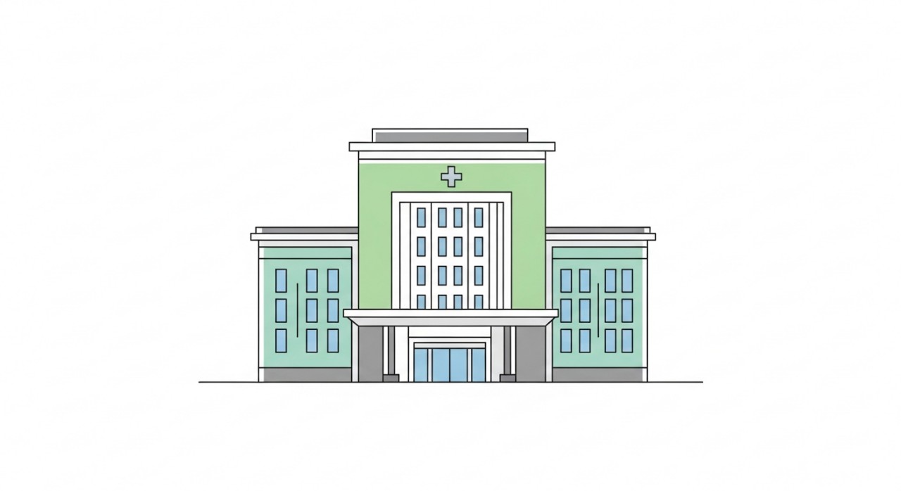 Ilustrasi minimalis fasad atau hadapan bangunan Klinik Kesihatan Bintulu.