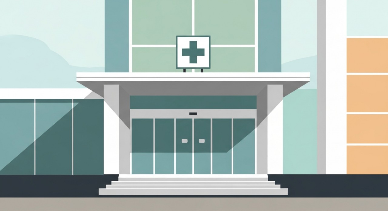 Pandangan hadapan pintu masuk Klinik Kesihatan Manong yang bersih dan moden.