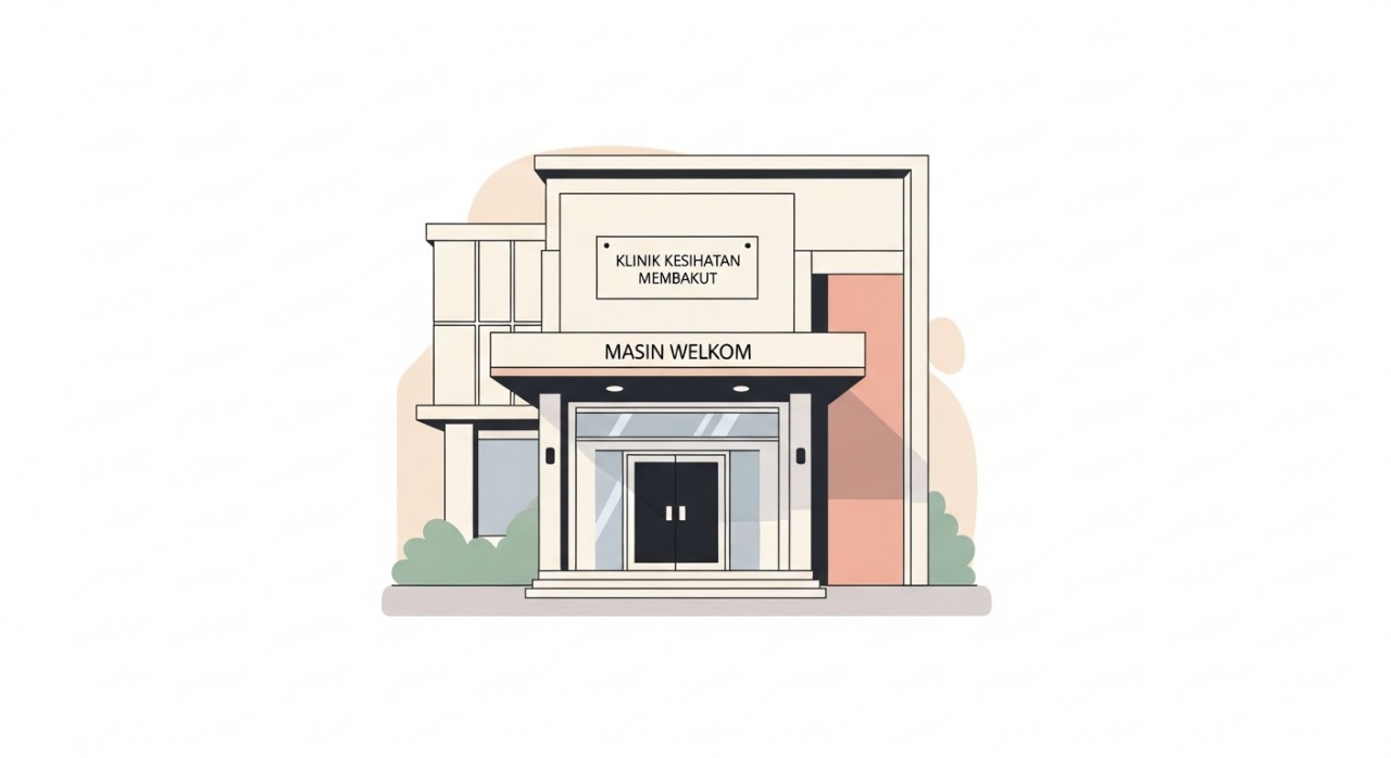 Pandangan hadapan pintu masuk utama Klinik Kesihatan Membakut dengan papan tanda nama yang jelas.