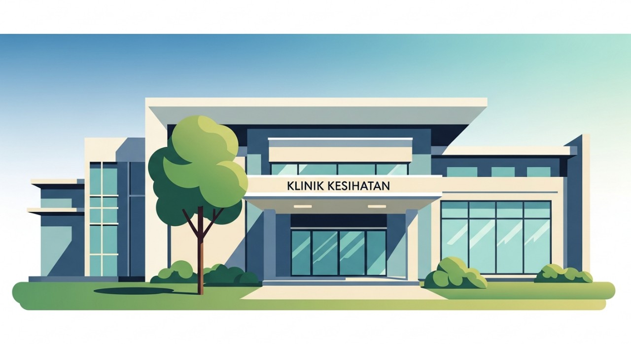 Bahagian hadapan pintu masuk utama sebuah klinik kesihatan yang bersih.