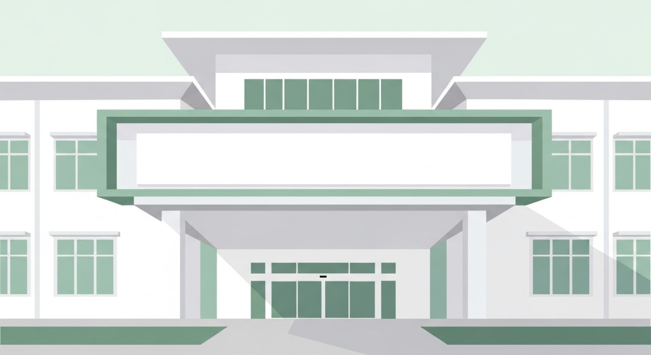 Pintu masuk hadapan sebuah bangunan Klinik Kesihatan moden dengan papan tanda nama yang jelas.