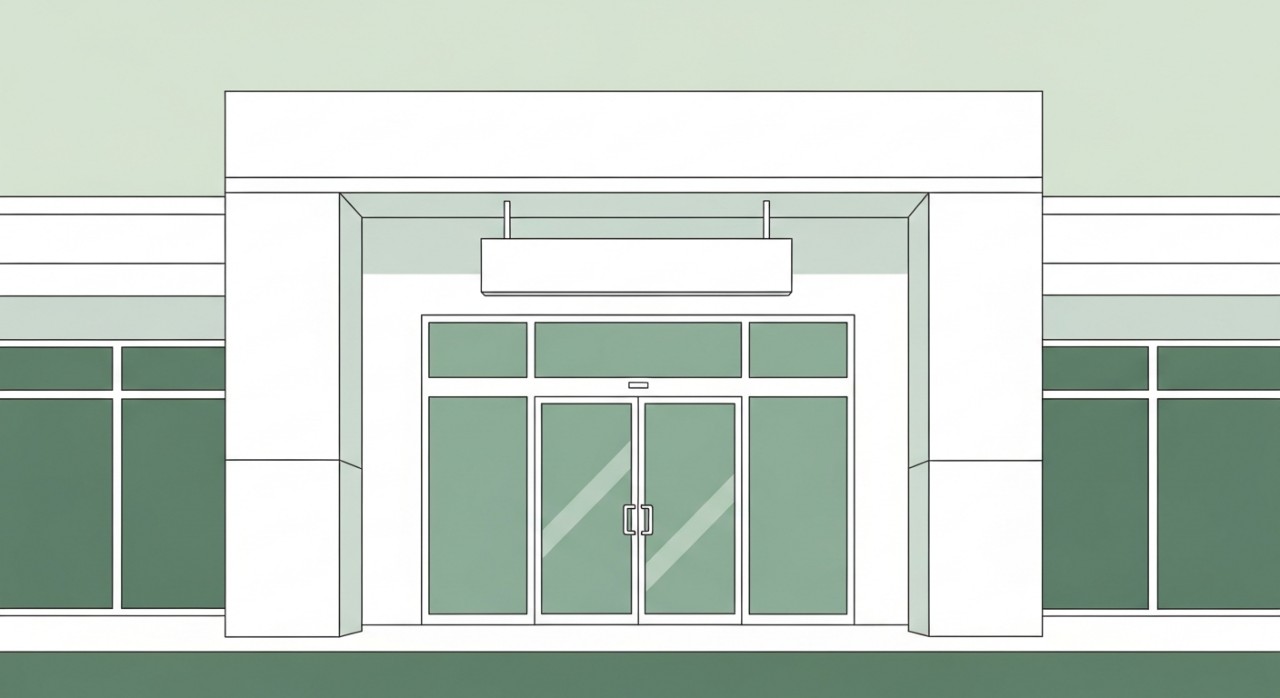 Pandangan hadapan minimalis pintu masuk utama sebuah Klinik Kesihatan.