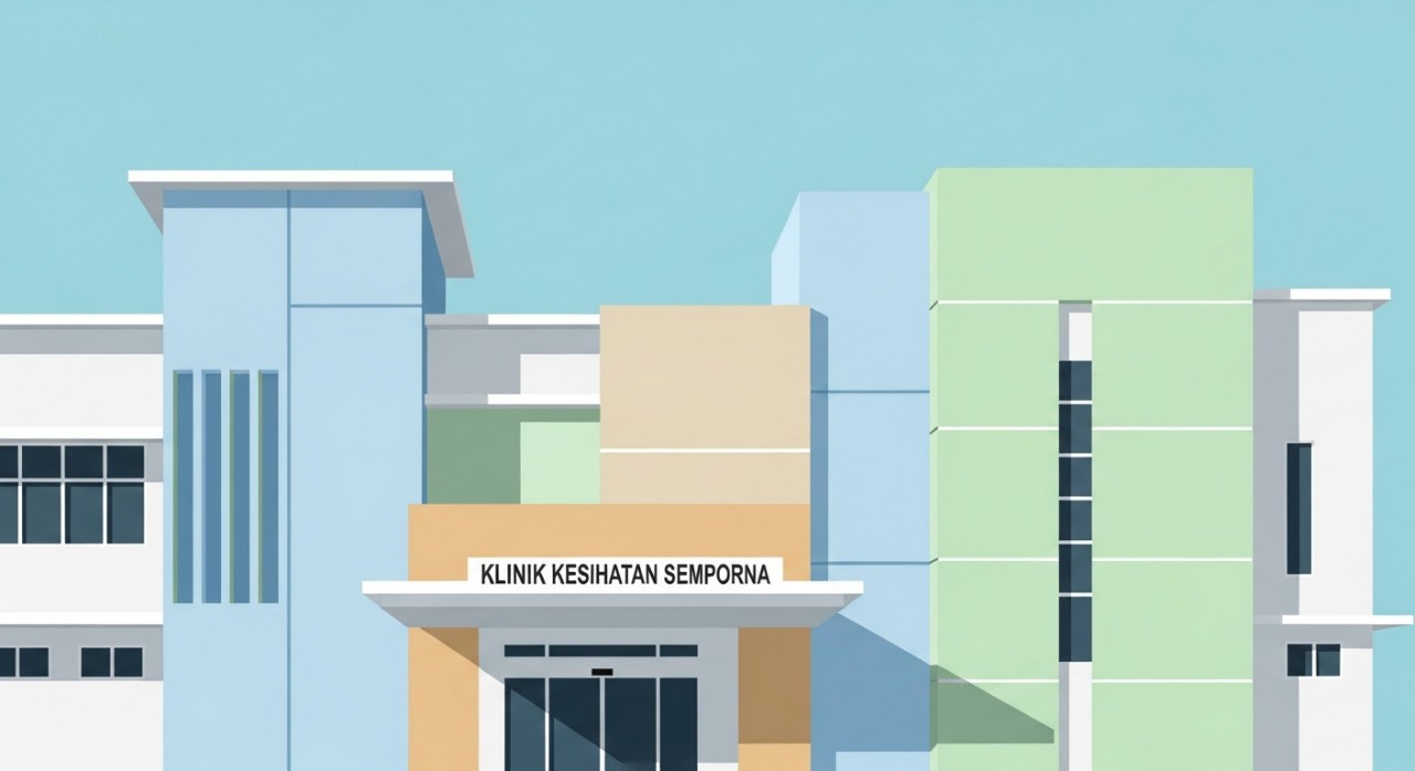 Pandangan hadapan bangunan Klinik Kesihatan Semporna dengan pintu masuk utama yang jelas kelihatan.