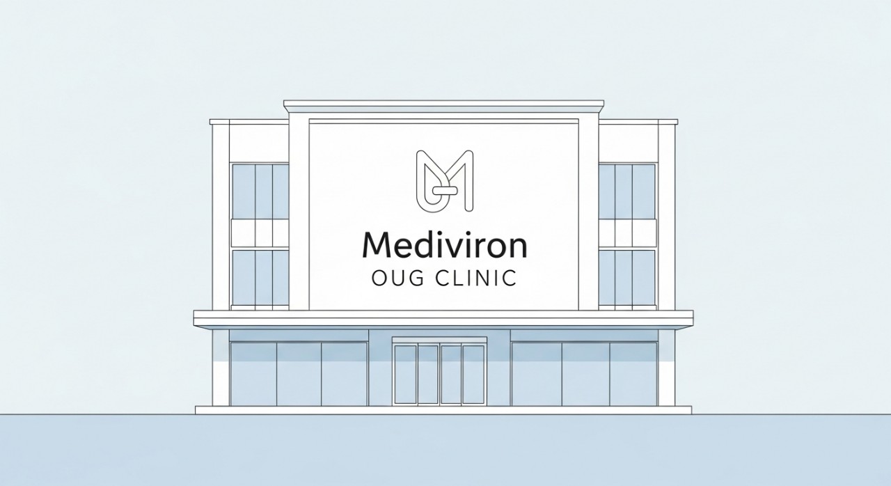 Pemandangan pintu masuk utama Klinik Mediviron OUG dari luar bangunan.