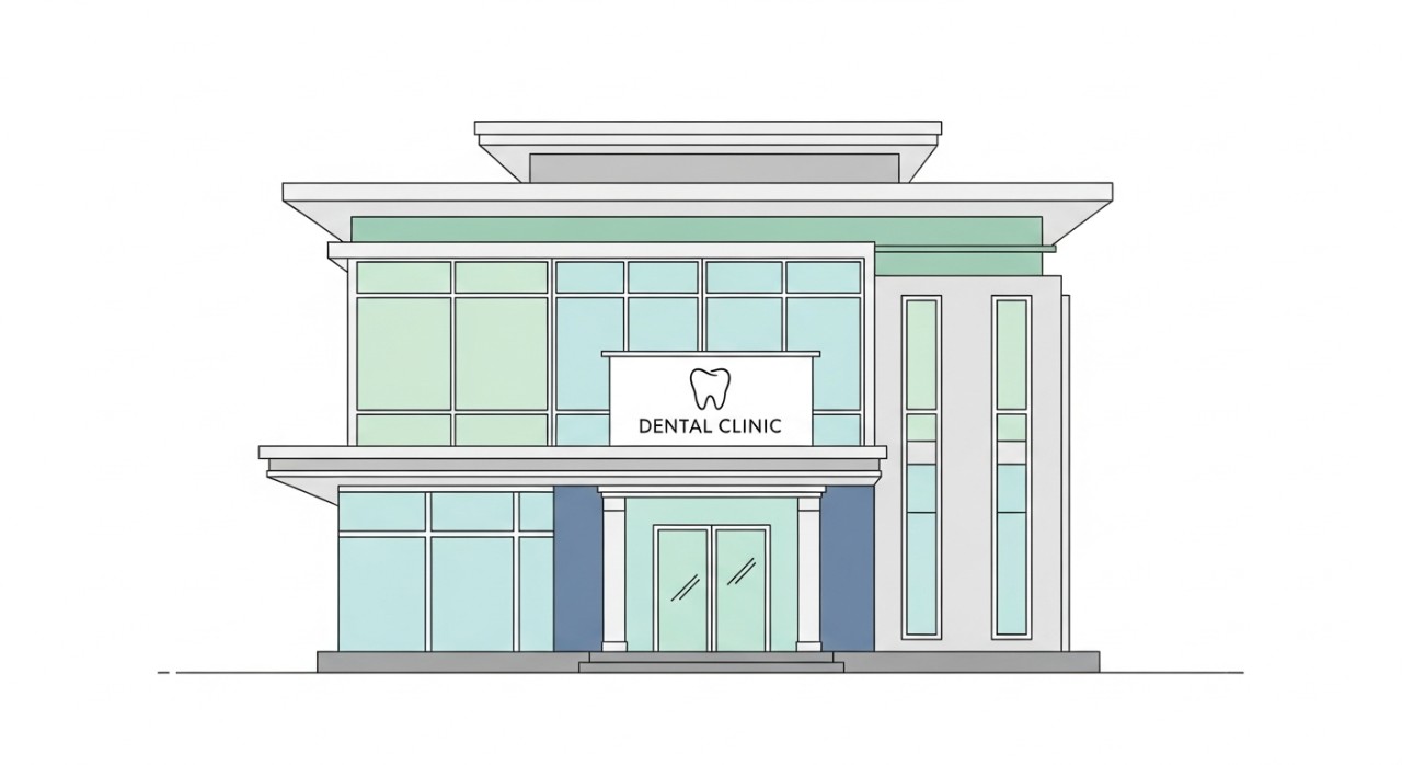 Pintu masuk hadapan bangunan Klinik Pergigian Bangsar dengan papan tanda yang jelas.