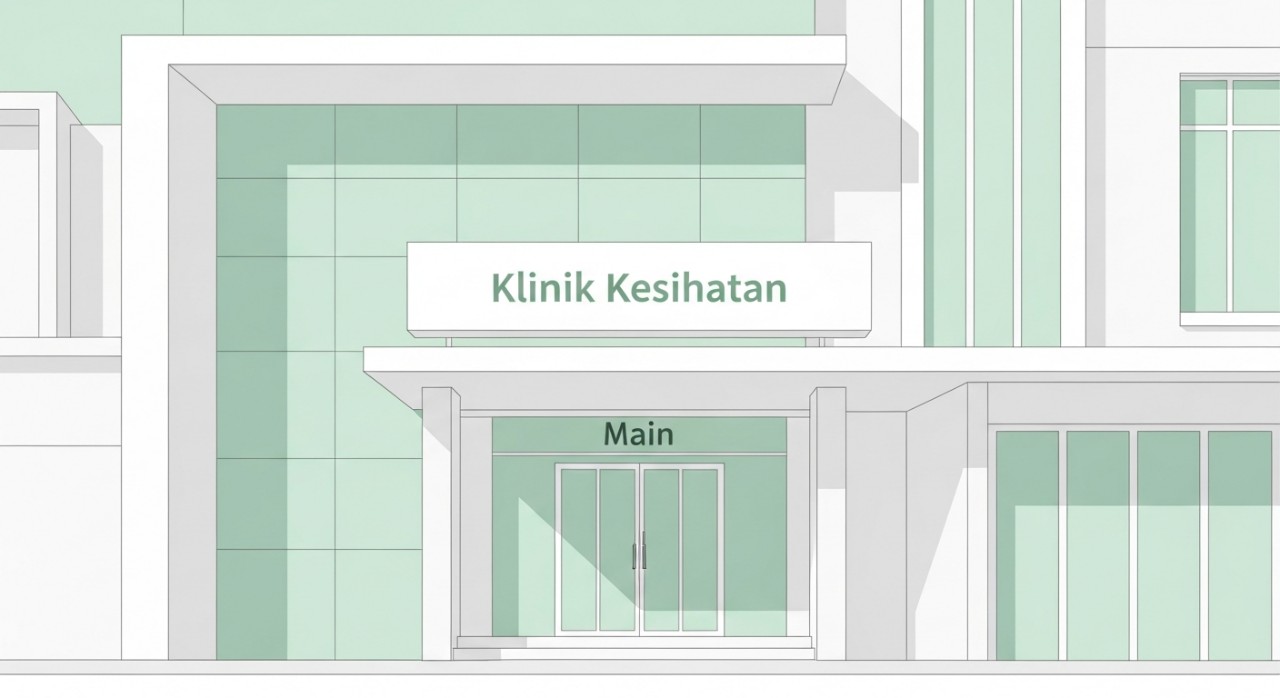 Pemandangan hadapan pintu masuk utama sebuah bangunan Klinik Kesihatan yang moden dan bersih.